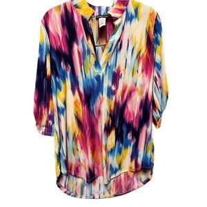 Heimish Womens Top Small Gabby Tunic Pink Blue Yellow White 3/4 Sleeve Pleated